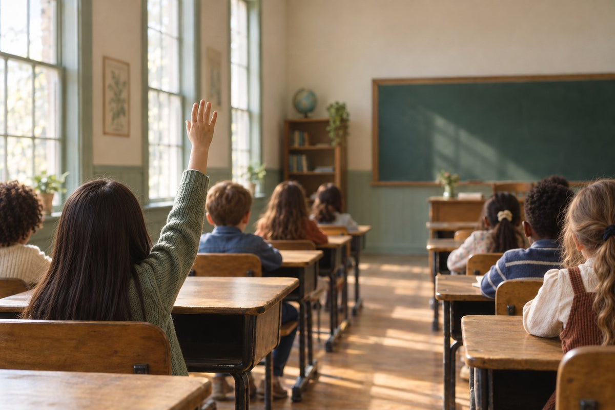 A dark-haired girl raises her hand in a sunlit classroom full of students