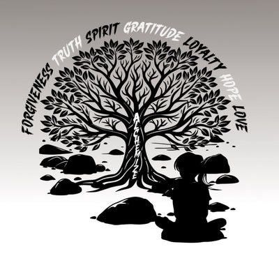Tree of Life graphic with the words forgiveness, truth, spirit, gratitude, loyalty, hope and love