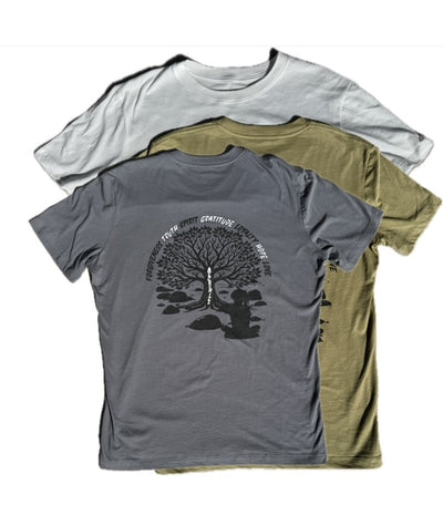 Charcoal gray, olive green and white PV T-shirts laid flat