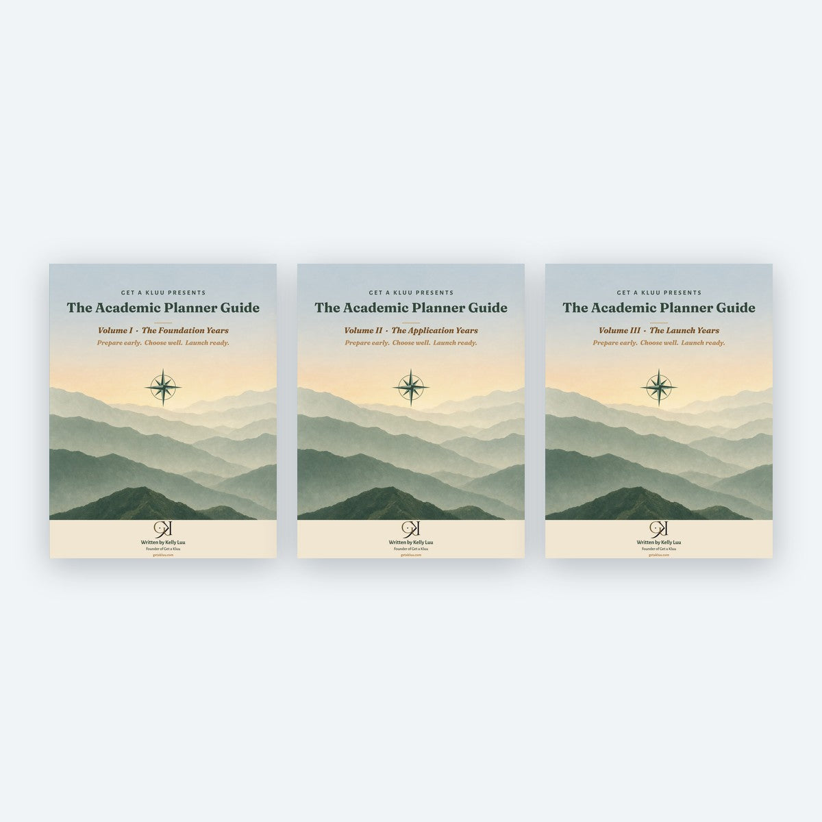 The three volumes of The Academic Planner Guide side by side