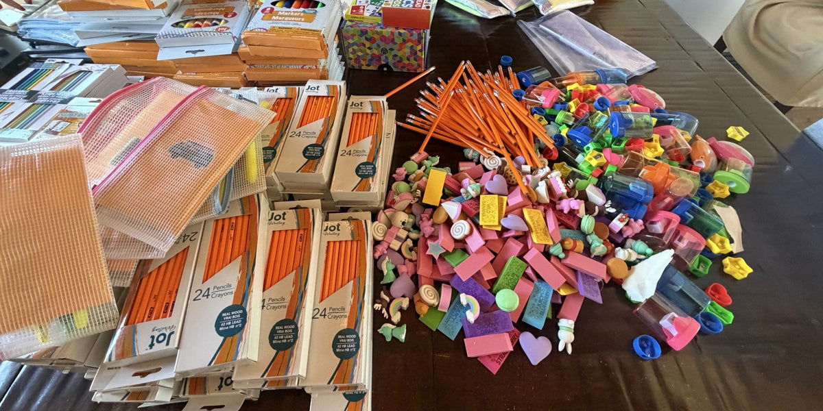 Pencils, erasers and sharpeners gathered for students