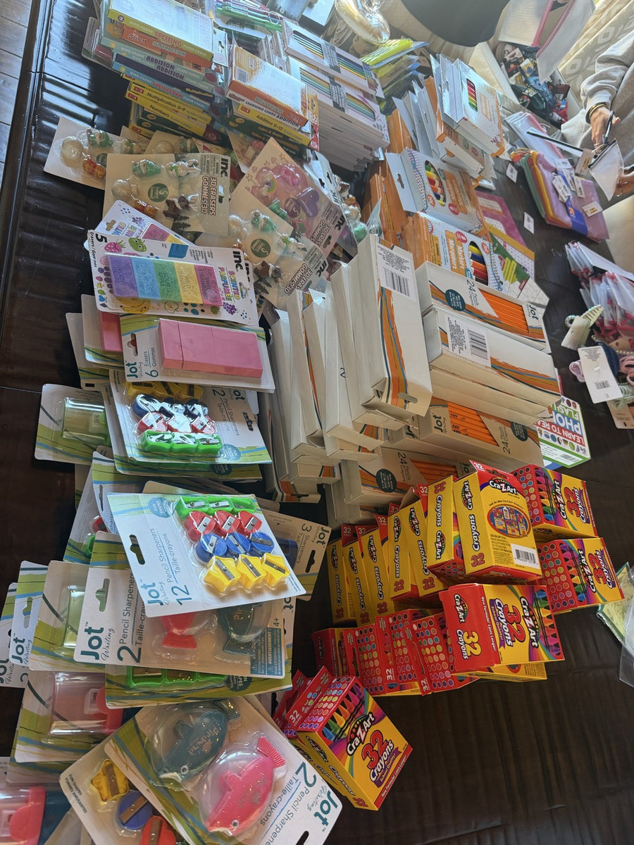 Crayons, sharpeners and school supplies ready to pack for students