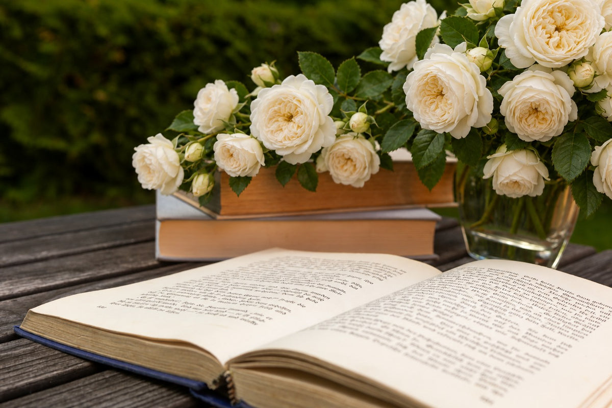 Books and white garden roses on an outdoor wood table