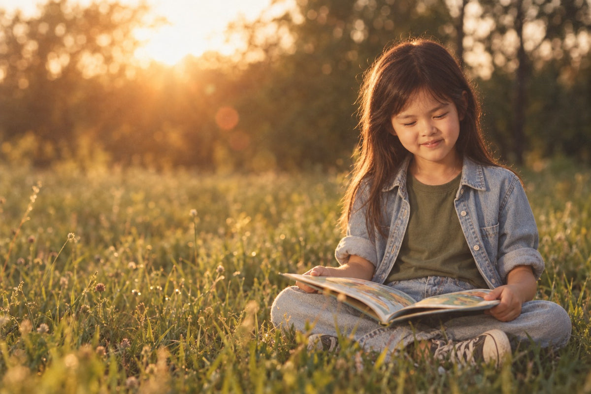 A little girl reading a picture book in a meadow at golden hour