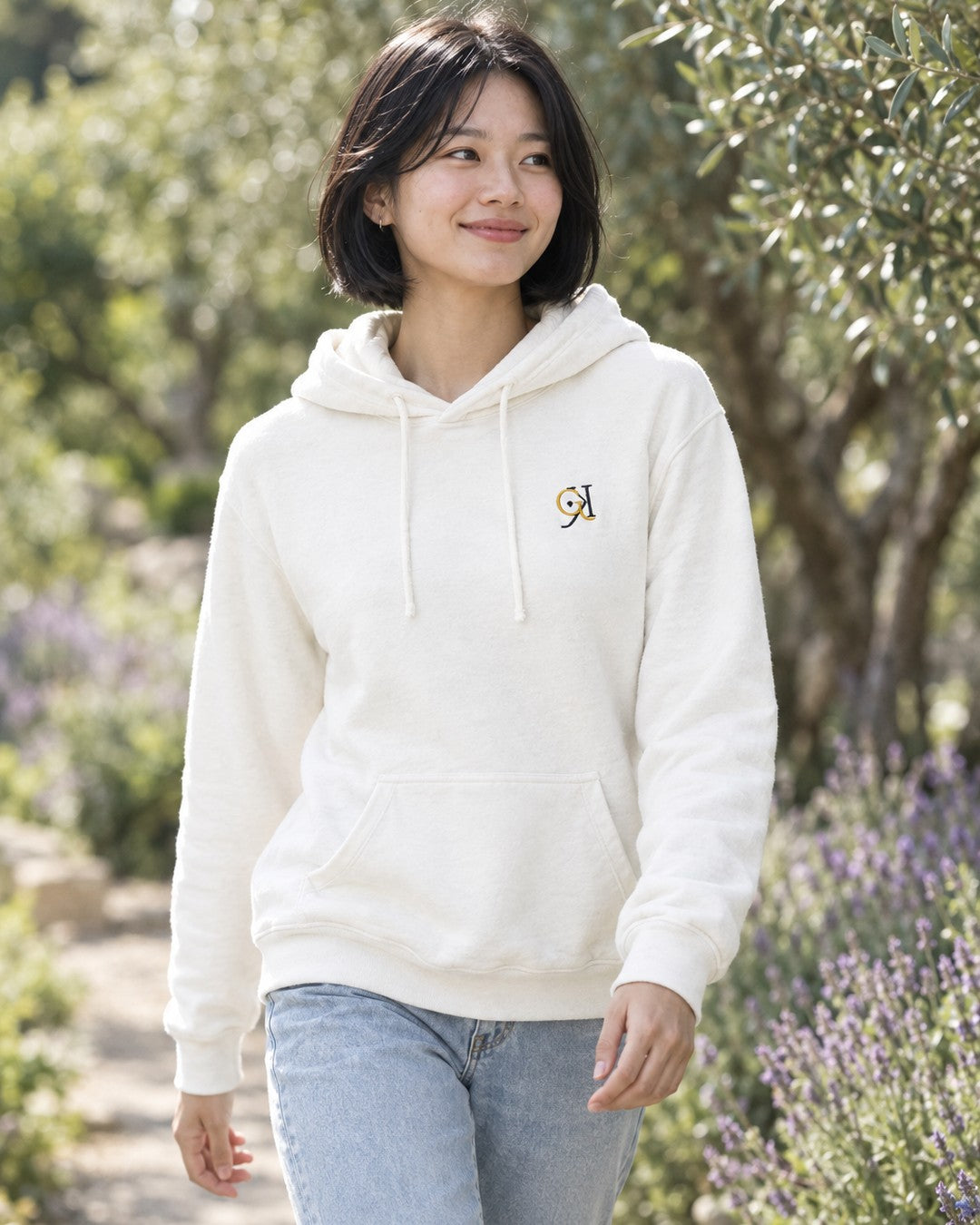 White PV hoodie, front