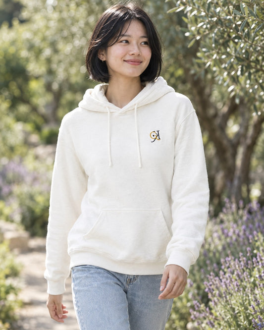 White PV hoodie, front