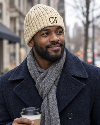 Beige GK beanie worn on a city street