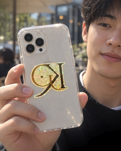 GK glitter decal sticker on a phone case