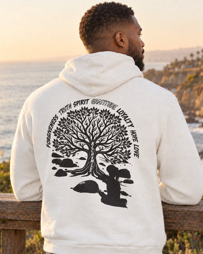 Back of the white PV hoodie with the Tree of Life print