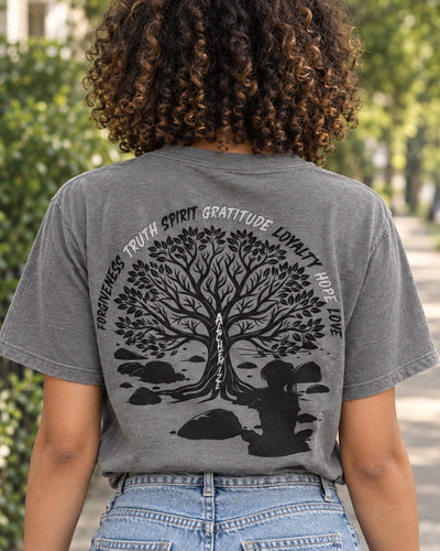 Back of the charcoal gray PV T-shirt with the Tree of Life print
