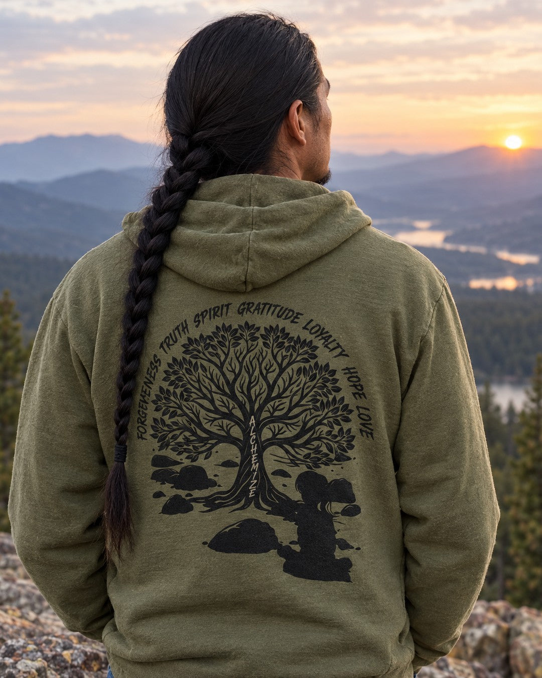 Olive PV hoodie, back view