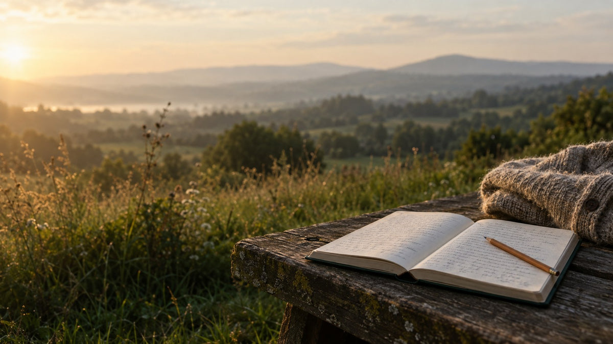 Open journal and pencil on a wooden bench overlooking a meadow and mountains at sunset