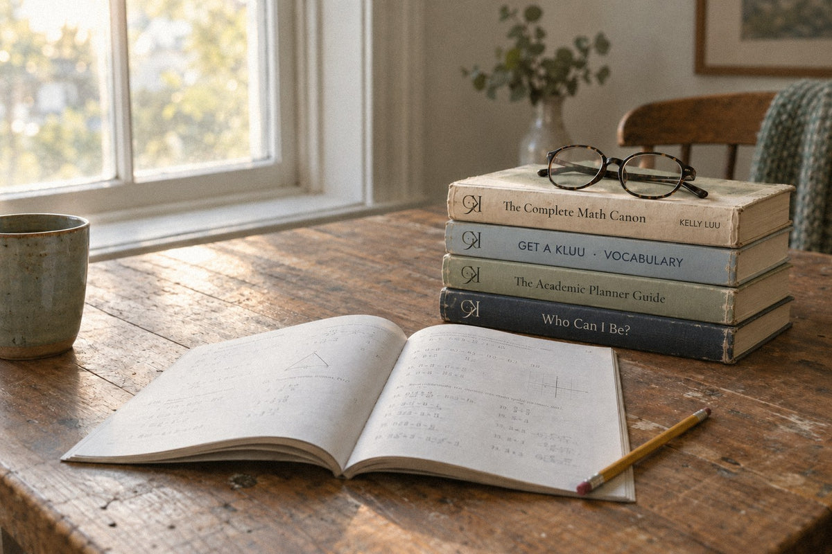 A stack of worn Get A Kluu books with reading glasses on a kitchen table beside an open math workbook