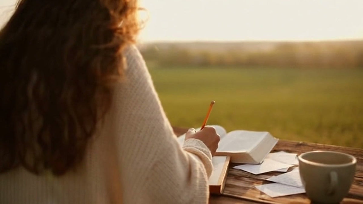 A woman writing in a journal at an outdoor table overlooking a field