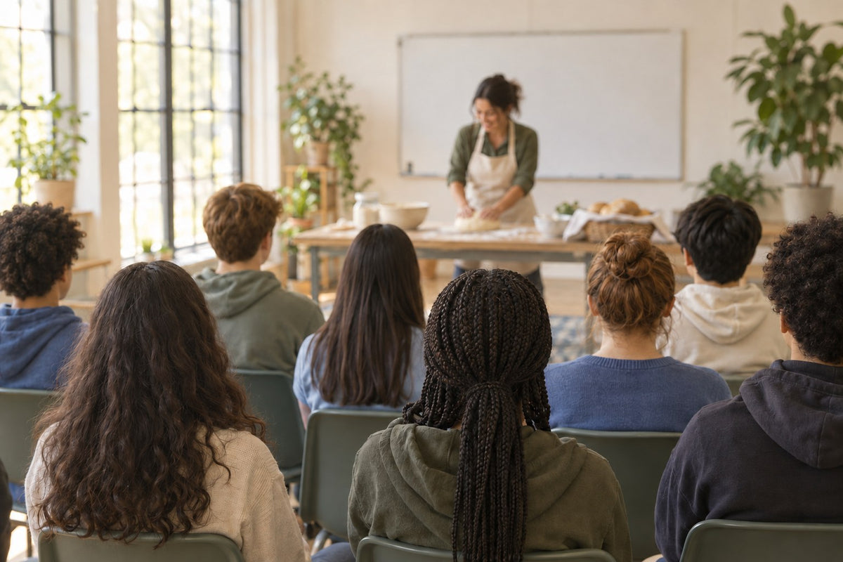 A young baker teaches a group of students how to knead bread at a community seminar