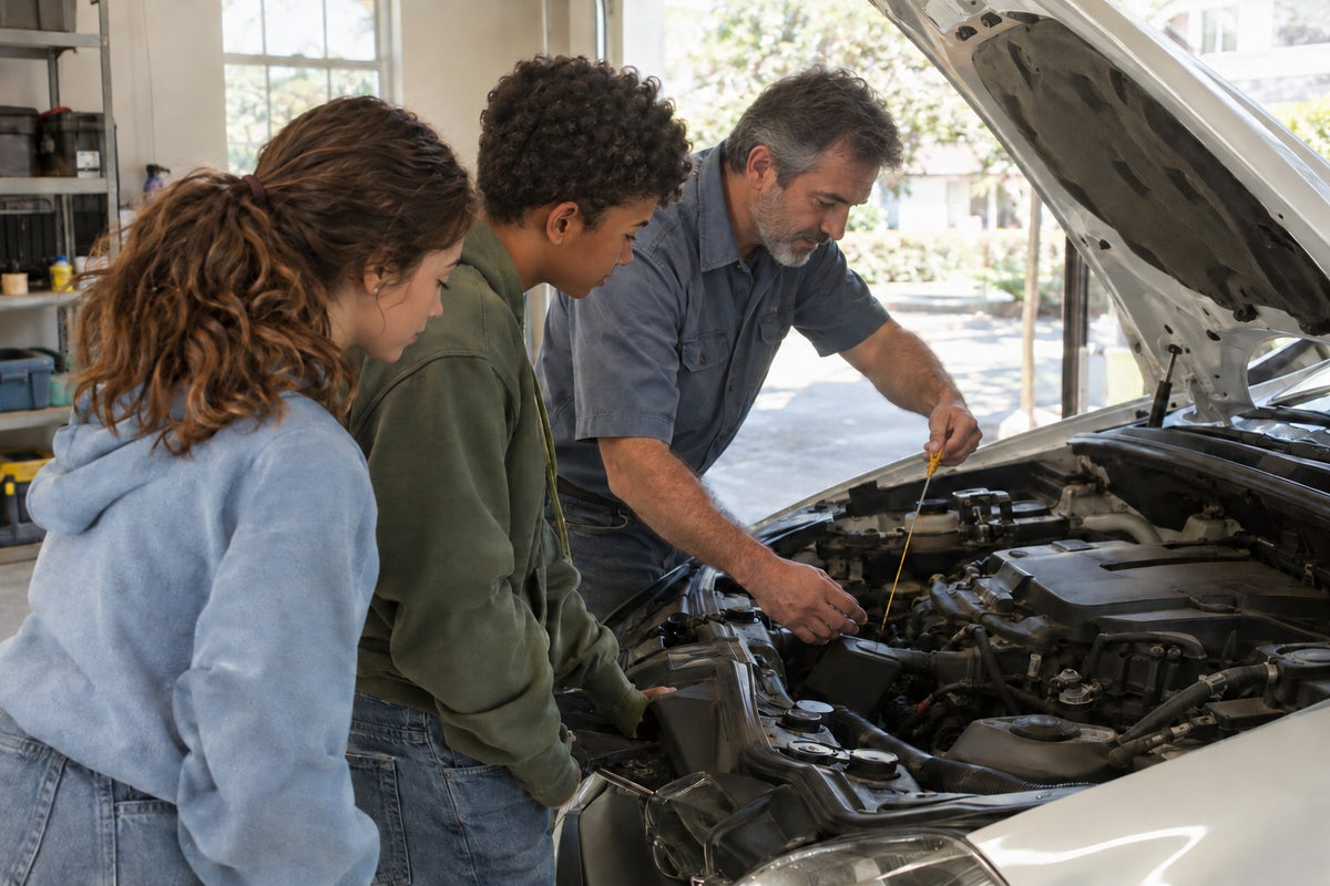 A mechanic shows two teenagers how to check a car's oil