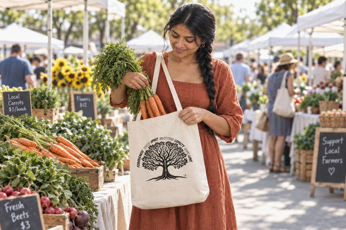 A woman carries fresh carrots in a Get A Kluu canvas tote at a farmers market