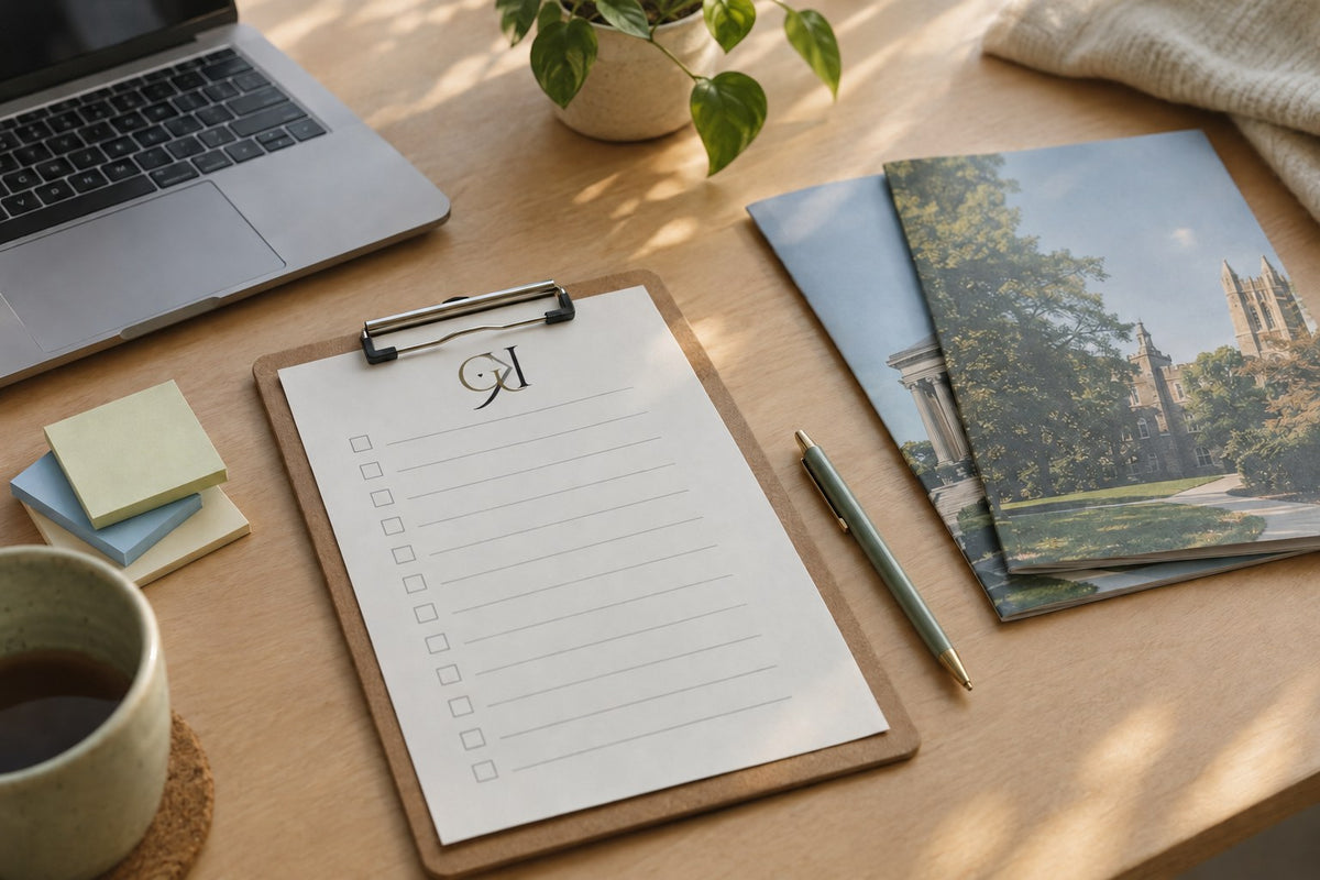 A college planning checklist on a clipboard with the Get A Kluu logo, beside college brochures